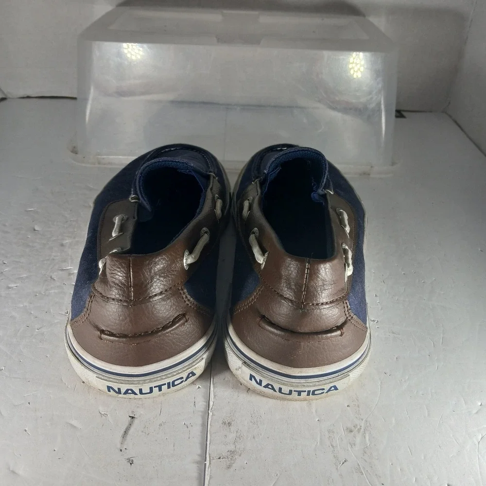 Nautica Doubloon Boat Shoes 8 Navy Blue Brown Canvas Slip On Nautical Preppy